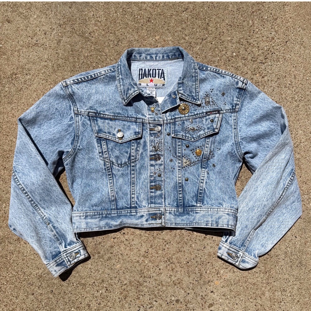 Vintage 90s Dakota Blue Studded Acid Wash Cropped Denim Jacket Women's Medium - Picture 1 of 5